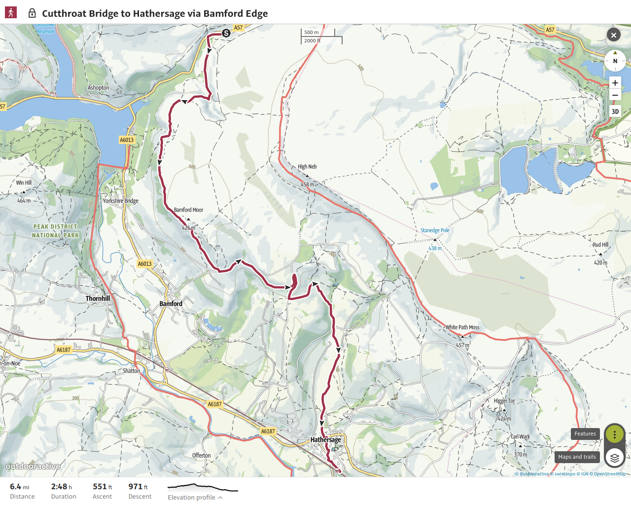 Cutthroat Bridge to Hathersage route map